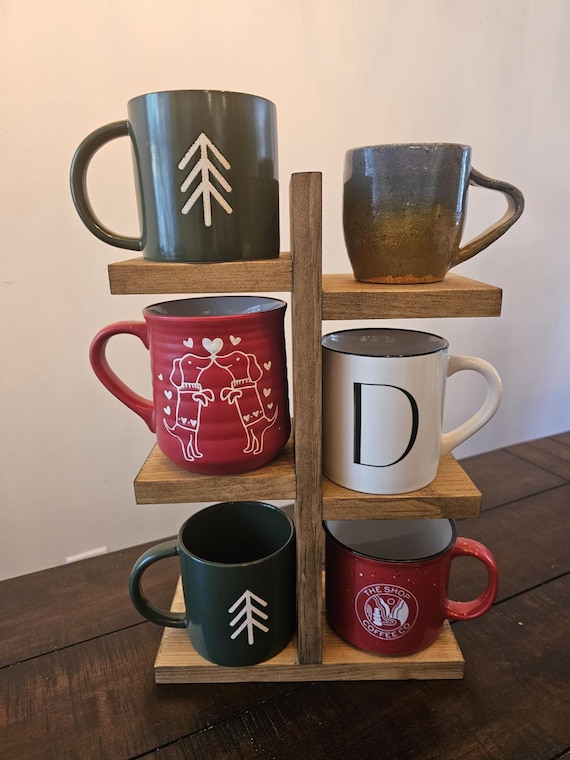 Handcrafted Tiered Wooden Mug Stand, Rustic Coffee Cup Display Shelf