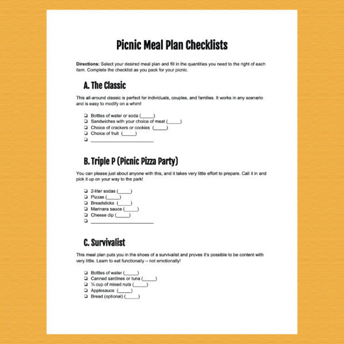 Picnic Meal Plans & Supplies Checklists Printable 6 Meals Etsy