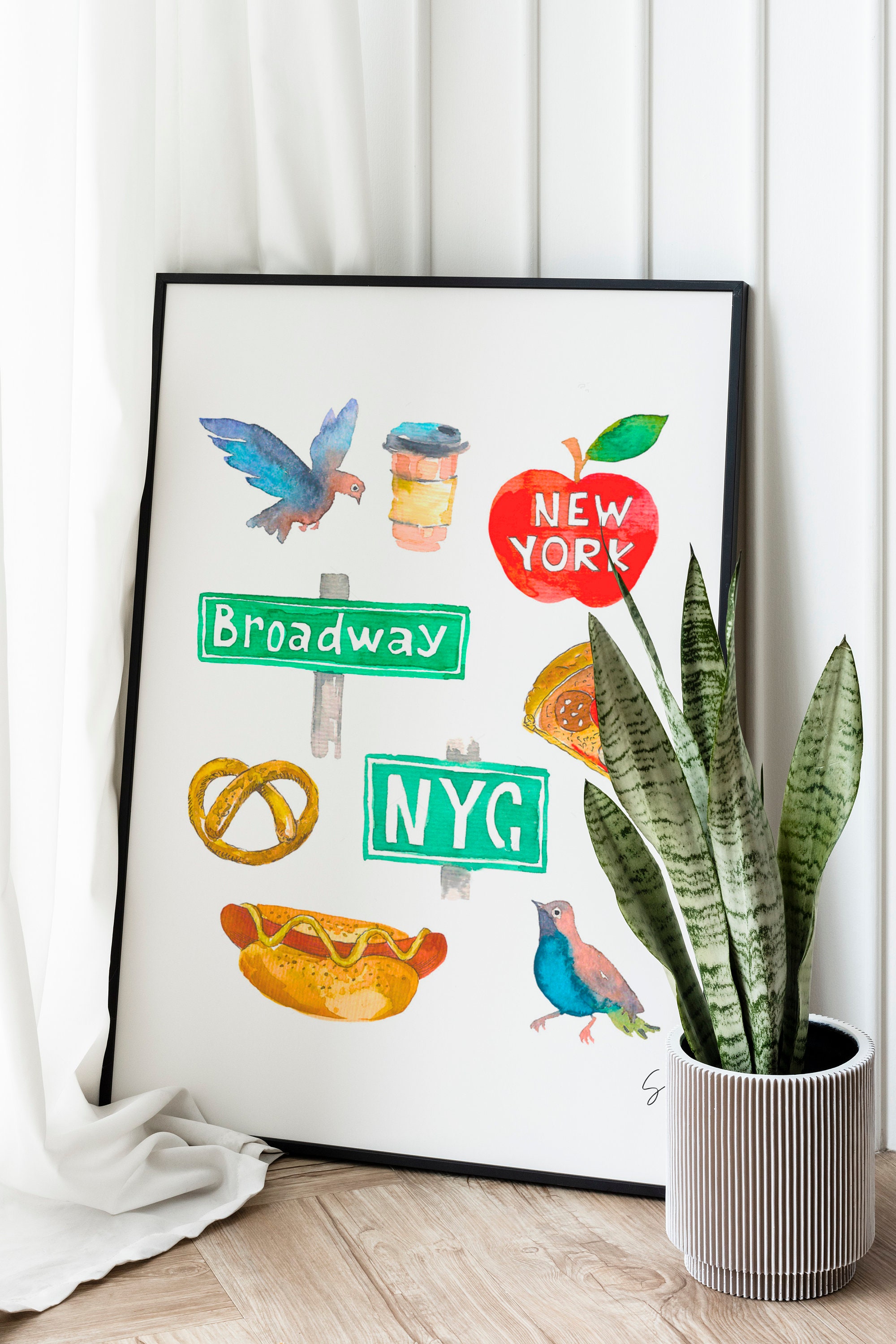 New York City Symbols Art Print NYC Wall Decor Central Park Art Print NYC Art Print NYC Painting ...
