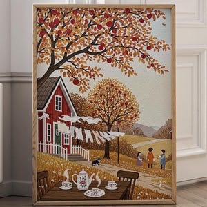 Herbst Landschaft Katze Kunstdruck gemütliche Herbst Dorf Landschaft Wand Dekor Tuxedo Katze zu Fuß rustikale Bauernhaus Haus Geschenk Katzenliebhaber Kunstwerk Kunst