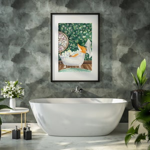 Watercolor Fox in Bath Tub Print Bathroom Art Print Kids Bathroom Eclectic Decor Vintage green color wall art Bathtub Animal Art Whimsy Art