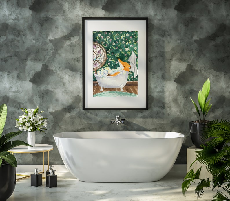 Watercolor Fox in Bath Tub Print Bathroom Art Print Kids Bathroom Eclectic Decor Vintage green color wall art Bathtub Animal Art Whimsy Art