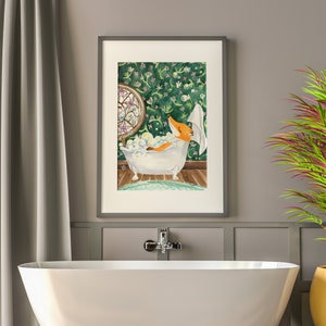 Watercolor Fox in Bath Tub Print Bathroom Art Print Kids Bathroom Eclectic Decor Vintage green color wall art Bathtub Animal Art Whimsy Art