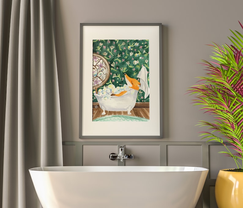 Watercolor Fox in Bath Tub Print Bathroom Art Print Kids Bathroom Eclectic Decor Vintage green color wall art Bathtub Animal Art Whimsy Art