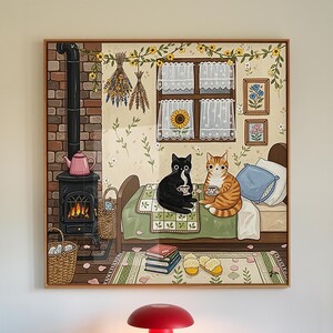 Arte de parede aconchegante de cabana de outono com dois gatos – decoração rústica de quarto de outono, impressão para casa no campo, chá quente e presente para amantes de gatos inspirado em Hygge