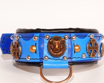 Blue Leather American Bully Dog Collar: Padded, Heavy Duty