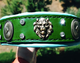 Green Leather Dog Collar: Padded, Rhinestones, Celtic Conchos