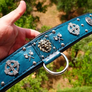 Personalized Electric Blue Leather Dog Collar: Medieval Conchos, Padded