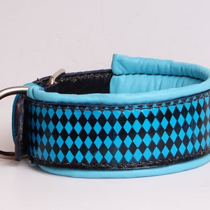 Handmade Durable Leather Dog Collar with Harlequin Pattern in Black, Blue & Red