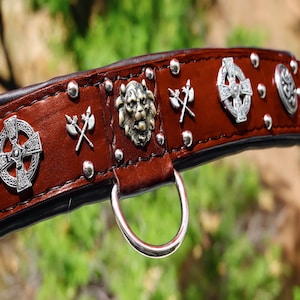 Handmade Brown Leather Dog Collar: Padded Celtic Conchos, Large Breeds