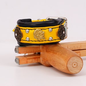 Yellow Leather Chihuahua Collar: Padded Small Dog Collar with Lion Head