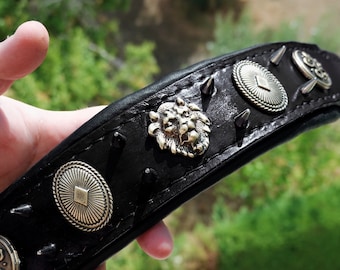 Black Leather Dog Collar: 2-inch Padded, Spikes & Conchos