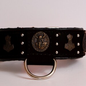 Viking ODIN Leather Dog Collar black color handmade and personalised with viking rivets, thor hammer conchos for medium to big breeds dogs