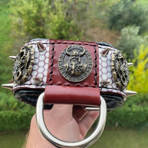 Può includere: Un collare per cani in pelle rossa con dettagli in metallo argentato. Il collare ha un design a motivi bianco e nero con un emblema in metallo raffigurante un uomo barbuto con le corna. Il collare ha punte e un anello a D in metallo argentato.