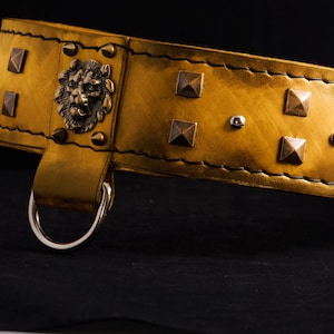 Handmade Yellow Leather Dog Collar: Studded Lion Concho, Heavy Duty