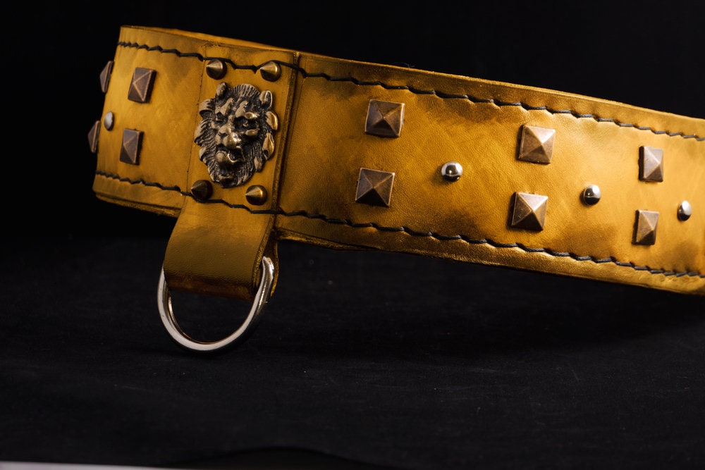 Handmade Yellow Leather Dog Collar Studded Lion Concho, Heavy Duty