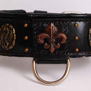 Handmade Leather Dog Collar: Fleur De Lis, Medieval Conchos - Strong Breeds