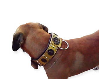 ゴールドレザーのブルマスティフ用首輪：頑丈なバイキングオーディン犬用首輪