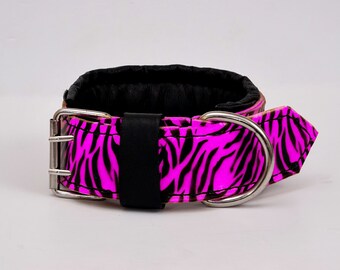 Leather Dog Collar: Neon Purple Zebra Print, Padded Strong Breed Collar