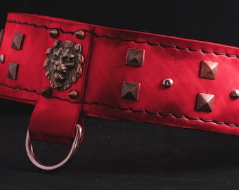 Handmade Red Leather Dog Collar: Studded Lion Concho, Heavy Duty