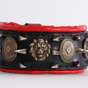 Handmade Spiked Leather Dog Collar: Black & Red Padded Bully Collar