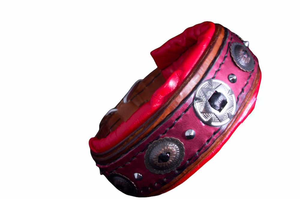 Handmade Leather Dog Collar Western Conchos, Soft Padding