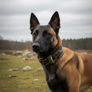 May include: A brown and black dog with a camouflage collar stands in a grassy field. The dog has a black muzzle and ears, with a light brown coat. The collar is green and brown with a metal buckle.