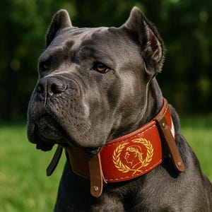 Könnte beinhalten: Nahaufnahme eines grauen Cane Corso Hundes, der ein rotes Lederhalsband mit einem goldenen Lorbeerkranz und einem Profil einer Person in der Mitte trägt. Der Hund hat einen ernsten Ausdruck und schaut zur Seite.