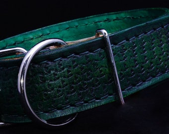 Handmade Tooled Leather Dog Collar: Green Vegetable Tanned Leather