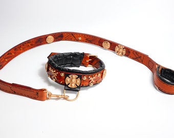 Dog Collar and leash set , leather dog collar handmade with leash ,dog collar leash , leather dog leash and collar , handmade leash set