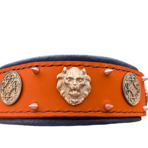 Orange Leather Dog Collar: Celtic Conchos, Spikes, Padded