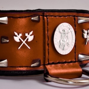 Wide Viking Odin Leather Dog Collar with Shark Fin Spikes, Dragons and Axes, Metallic Copper color with Soft Black Padding