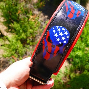 American Flag Skulls Leather Dog Collar: Patriotic Airbrushed Design