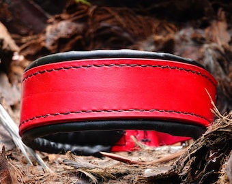Handmade Red Leather Dog Collar: Black Padded Vegetable Tanned Leather
