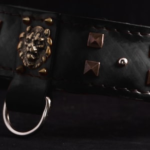 Handmade Black Leather Dog Collar: Bronze Studs & Lion Concho