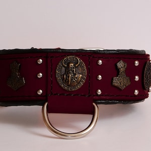 Leather Dog Collar Burgundy color Viking Odin with black padding rivets and conchos handmade, rottweiler dog collar
