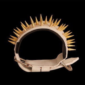 White Leather Dog Collar: Gold Spikes, Handmade Punk Style for Large Breeds