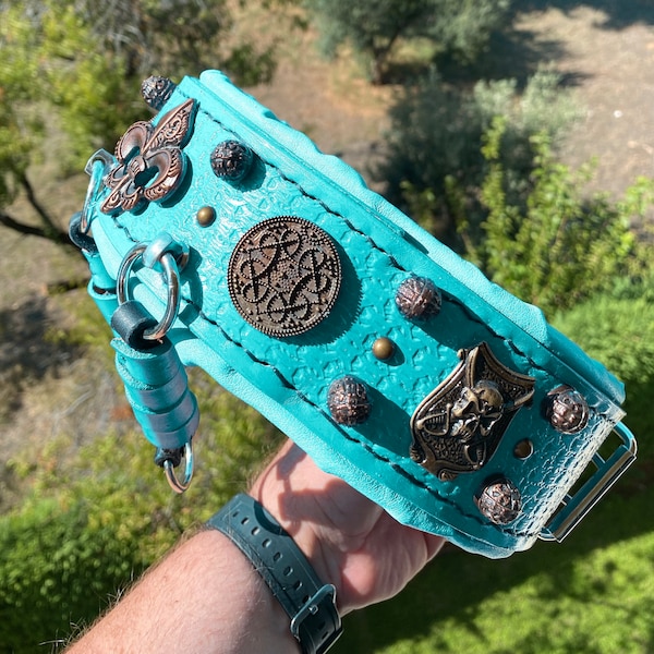 Cane Corso Collar, Turquoise dog collar, Tooled leather Collar, English Bulldog Collar, Handmade leather dog collar for German Shepherd