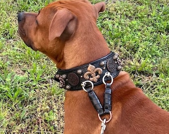 american staffordshire terrier Leather Dog Collar Handmade with Tooled Pattern and Medieval Establishments