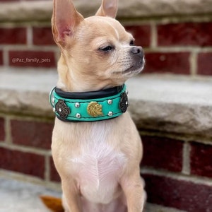 Turquoise Leather Chihuahua Collar: Small Luxury Dog Collar with Celtic Crosses