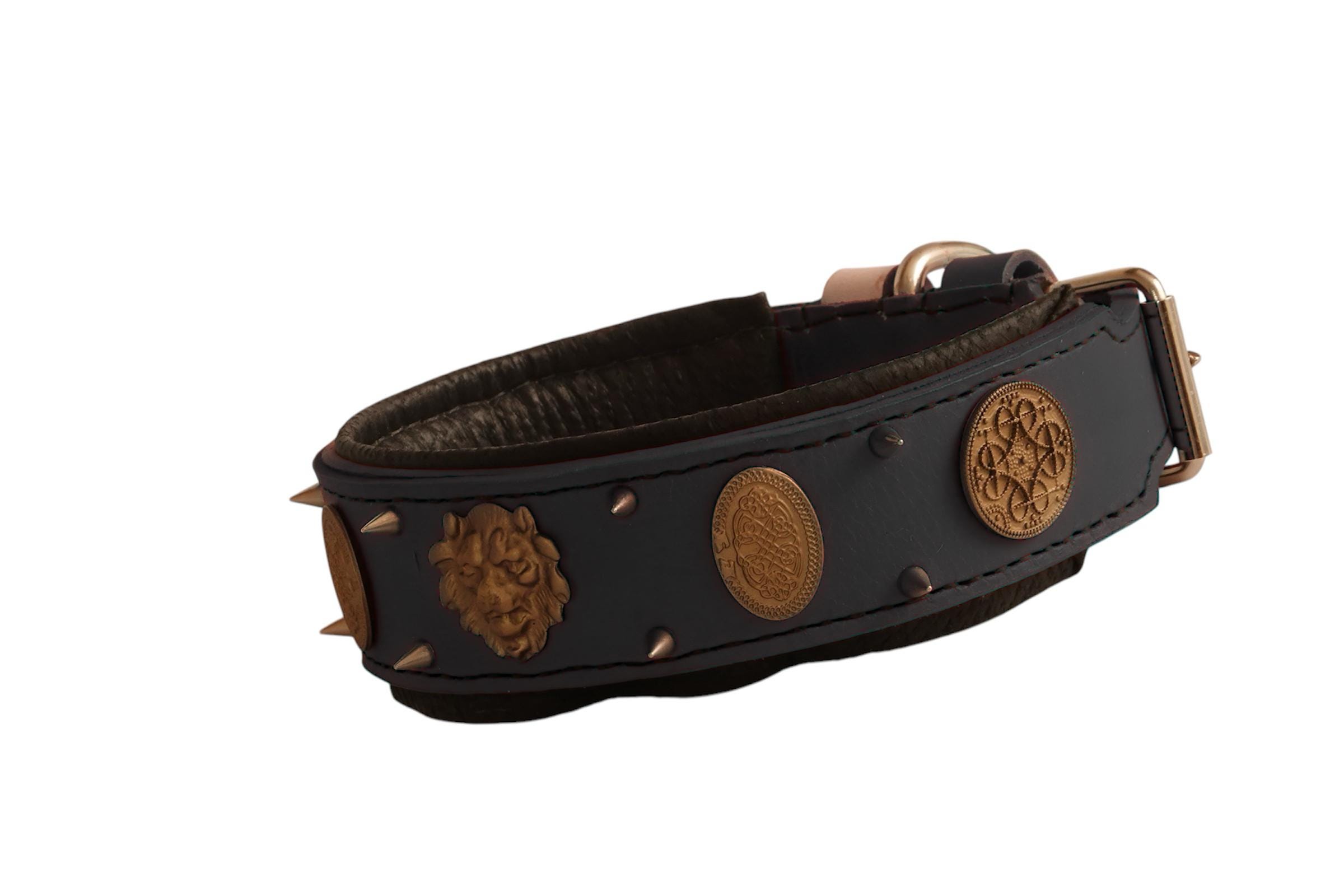 Gray Leather Dog Collar: Handmade Spiked Collar With Aged Gold