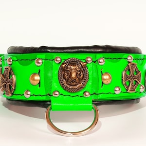 American Pitbull Leather Dog Collar Neon Green Color Padded, Personalized leather dog collar Handmade