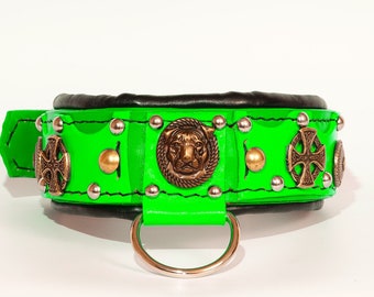 Handmade Neon Green Leather Dog Collar: Padded Pitbull Collar