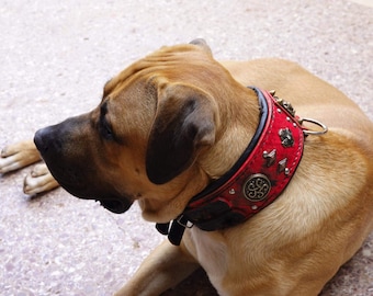 Handmade Red Leather Dog Collar: Padded, Conchos, Studs