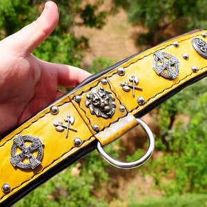 Handmade Yellow Leather Dog Collar: Irish Conchos, Heavy Duty Buckle