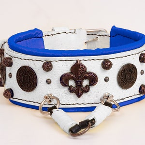 May include: White leather dog collar with blue trim, featuring decorative metal accents, including a fleur-de-lis design.