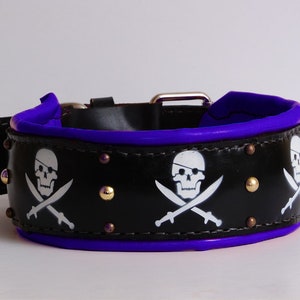 Pirate&#39;s Bounty Leather Dog Collar: Skull & Swords, Blue Padding