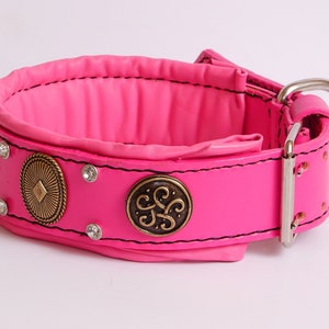 Leather Dog Collar Pink Padded, Conchos and Crystals, Female Dog Collar, Luxury Dog Collar