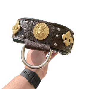 Brown Leather Dog Collar Viking ODIN with Gold hardware soft padding and tooled pattern