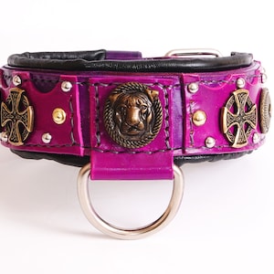 2 inch leather dog collar padded for American Bully and Pitbull, leatherforpets, purple and black, conchos and studs, pocket bully collar